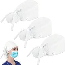 HETIE 3 Piezas Gorros Quirurgicos Mujer, Sombrero de Trabajo para Mujer Ajustable, Bolsa de Cola de Caballo con Lazo en La Espalda Adecuado para Trabajar, Cuidar y Cocinar - Talla Única-XL + Blanco - Ver 2