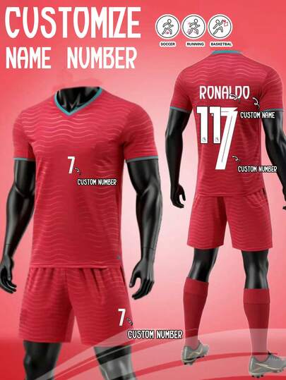 2pcs Portugal Football Jersey, Personalized Portugal Men's Football Uniform, Men's Sports Suit, Sports Set, Men's Running Set, Summer Men's Set, Men's T-Shirt Set, Football Jersey, Personalized Football Jersey, Football Jersey With Number Printing, Suitable For Football, Badminton, Basketball, Cycling