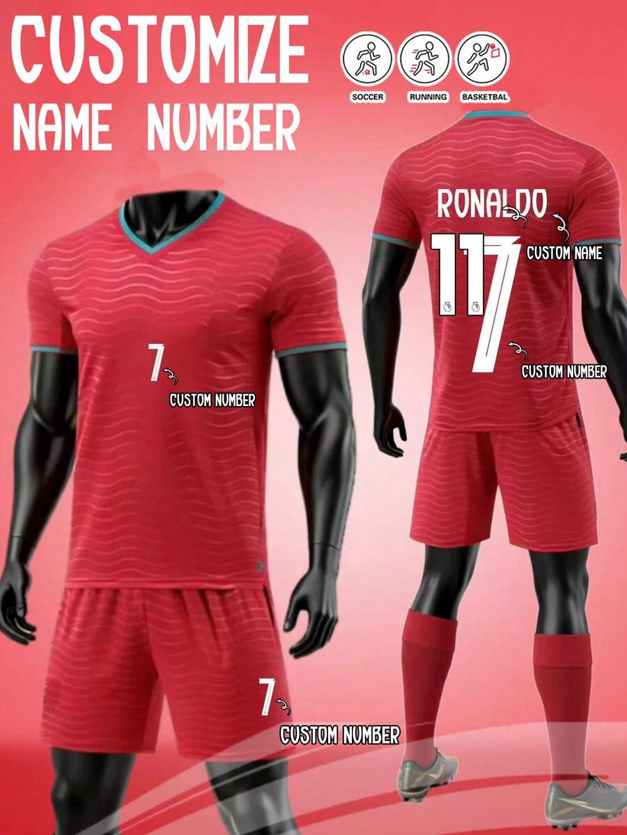 2pcs Portugal Football Jersey, Personalized Portugal Men's Football Uniform, Men's Sports Suit, Sports Set, Men's Running Set, Summer Men's Set, Men's T-Shirt Set, Football Jersey, Personalized Football Jersey, Football Jersey With Number Printing, Suitable For Football, Badminton, Basketball, Cycling