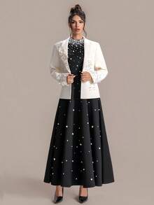 ASANDY This High-End Party Cocktail Dress For Women Features A Long Black Design, Adorned With Elegant Pearls And Rhinestones, Made Of Medium Stretch Knit Fabric. - Black - View 3