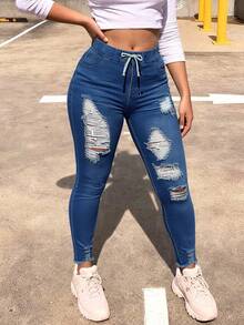 Women's Mid-Waist Elastic Fitted Distressed Jeans - Drawstring Waist, Frayed Hem, Slimming Casual Denim Pants - Medium Wash - View 5