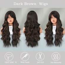 D28 Inch Brown Long Wavy Wig Dark Brown Wig With Curtain Bangs Synthetic Heat Resistant Brown Blonde Highlight Wigs For Women Daily Wear. - 棕色 - 查看 3