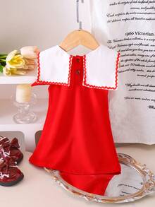 Baby Girls' Vintage Elegant Patchwork Peter Pan Collar 3D Bow Sleeveless Dress, Summer - Red - View 2