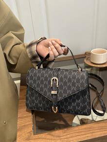 1pc Women's Luxury Fashion Handbag, PU Material, Belt Buckle Design, Lightweight & Versatile, Magnetic Closure, Suitable For All Seasons, Top Handle With Detachable Shoulder Strap, Classic Print, Suitable For Travel, Shopping, Strolling, And Outdoor Commuting, Women's Work Bag, Elegant Tote - Black - View 9