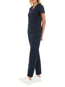 cimmuovere Uniform Set: V-Neck Short Sleeve Fitted Shirt And Drawstring Straight Leg Casual Pants, Workwear Set - Navy Blue - View 7