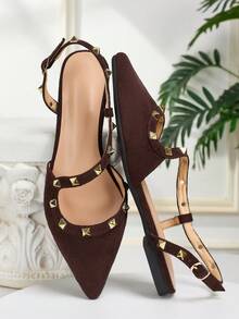 2025新款时尚尖头铆钉鞋，休闲撞色镂空乐福鞋，女士百搭四季皆宜 - 紅木色 - 查看 4