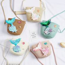 1个美人鱼主题儿童斜挎包，女孩公主单肩包，零钱包，草编包 - A - 查看 6