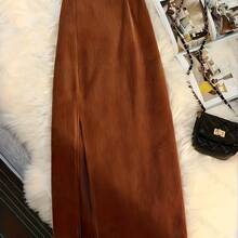 New Autumn And Winter Women'S Vintage Corduroy Split Midi Skirt, Elegant Long High-Waisted A-Line Skirt, Comfortable And Versatile For Casual Outings. - 灰色 - 查看 5