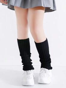 1 Pair Kids Girls Warm Knitted Leg Warmers, Suitable For Daily Wear Ages 3-12 - Black - View 6