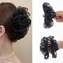 蓬松云朵泡泡发夹 - 黑色薄纱水钻发夹，女士适用，适合盘发/丸子头/马尾辫，牢固时尚的发饰