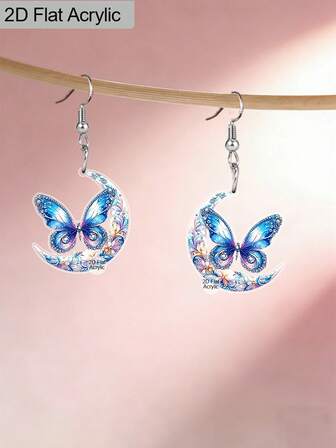1 par de pendientes de mariposa y luna de moda de acrílico, pendientes elegantes de mariposa azul colorida para mujeres, adecuados para cumpleaños, San Valentín, Pascua, Día de la Madre, boda o uso diario, un regalo ideal para vacaciones