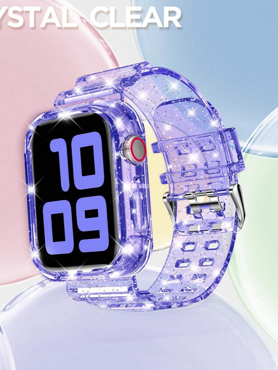 Correa de reloj deportivo transparente con brillo de cristal y purpurina 2 en 1 con funda protectora compatible con Apple Watch 38mm 40mm 41mm 42mm 44mm 45mm 46mm 49mm, correa con bisel adecuada para Apple Watch 11/10/9/8/7/6/5/4/3/2/1/SE Ultra para mujeres/hombres, no incluye protector de pantalla de reloj