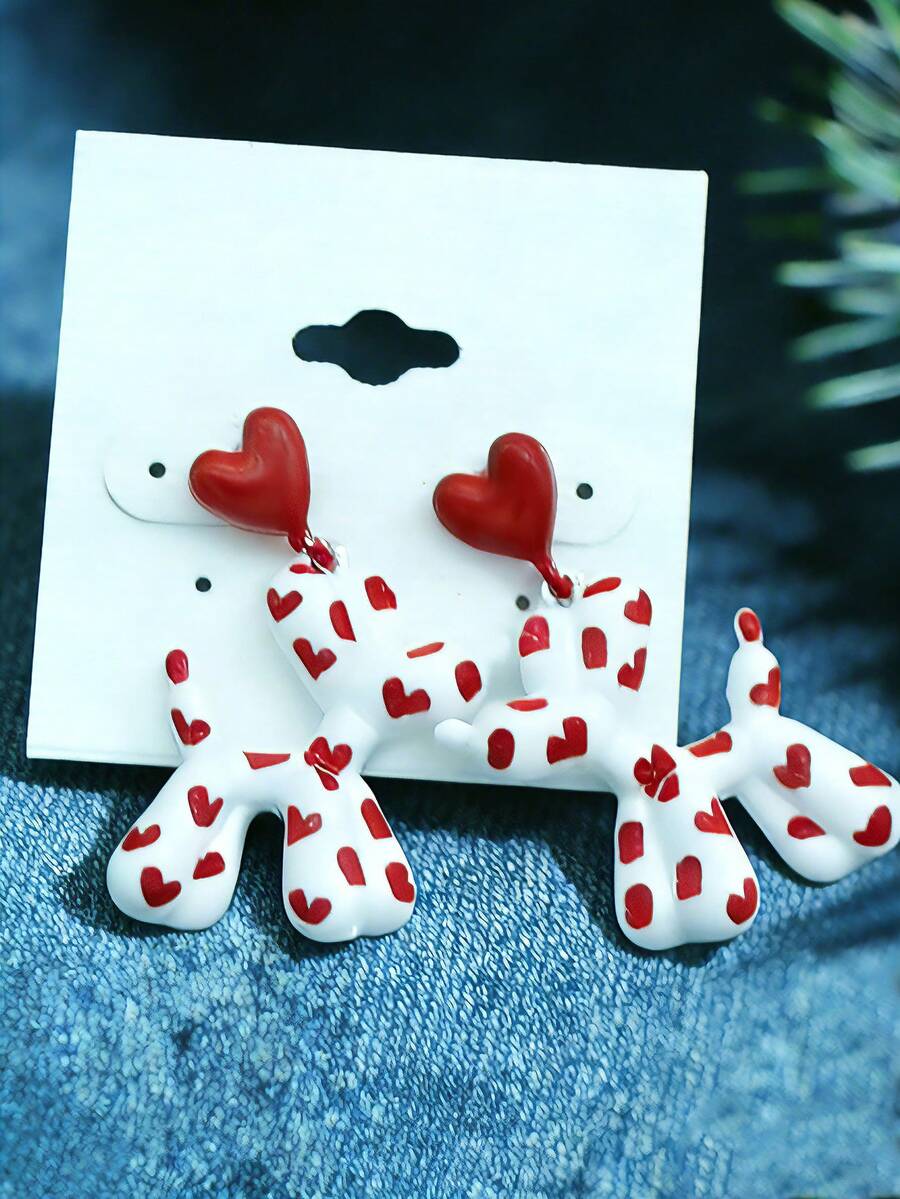 1 Pair Romantic Heart Series Multi-Color Patchwork Heart & Dog Pendant Earrings For Women - Earring - View 1