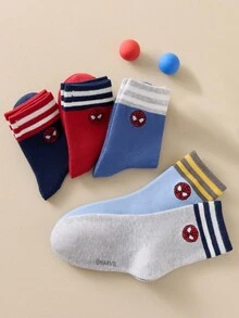 Marvel 5 Pairs Kids Striped Socks, Superhero Spider-Man Socks For Boys, Mid-Calf Socks, Cartoon Style, Suitable For Spring/Autumn, Girls