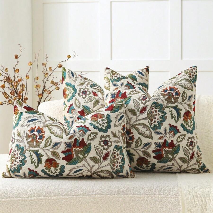 1pc Beige Floral Jacquard Chenille Pillowcase (Pillow Insert Not Included), Colorful Petal Pattern Home Decor Cushion Cover For Bedroom, Balcony, Living Room, Dining Room, Showroom - Beige Twining Flowers - View 1