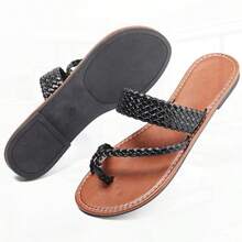 Bohemian Dress Sandals Womens Casual Flats Sandals Comfortable Ankle Strap Summer Boho Thong Sandals - 編織黑 - 查看 1
