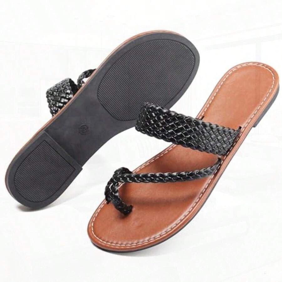 Bohemian Dress Sandals Womens Casual Flats Sandals Comfortable Ankle Strap Summer Boho Thong Sandals - 編織黑 - 查看 1