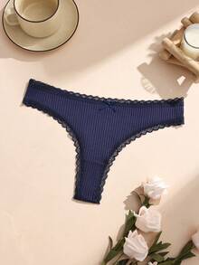 3条装棉质蕾丝拼接无缝丁字裤，透气弹力女士内裤 - 彩色 - 查看 5
