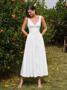 PARTHEA Elegant Women's Long A-Line Dress With V-Neck And Ruched Backless Smocking Bust Shirred Flared Hem Non-Stretch Fabric For Casual Style - White - View 5