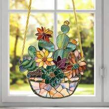 彩色玻璃仙人掌篮挂饰，适用于窗户和家居装饰 - 彩色 - 查看 1