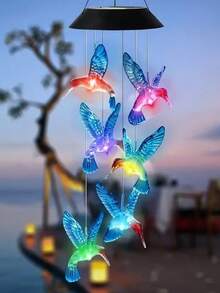 1 Peça Sonhadora Borboleta Colorida e Pássaro Solar Móbile de Vento - Versão de Iluminação Gradiente - Luzes de Decoração de Atmosfera Externa, Adequada para Quintal e Varanda - Não é apenas um item decorativo, mas também uma fonte de iluminação para iluminar o espaço noturno, um acessório prático para realçar a atmosfera externa. - 1 unidade - Visão 4