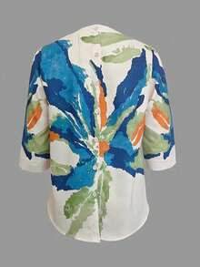 New Women's Three-Quarter Sleeve Casual Shirt - Unique Back Button-Down Design - Watercolor Leaf Print - Everyday Casual Fashion Style - 白色 - 查看 3