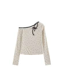 Heart-Stirring Polka Dot Lace-Up Long Sleeve Off-Shoulder Crop Top For Women - Apricot - View 5