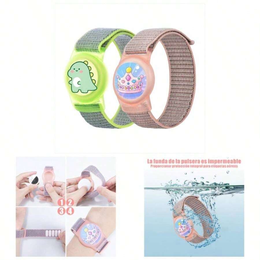 2 Pack Pulseras para AirTag, Fundas Protectora con Pulsera de Nailon Trenzado y Diseos Encantadores de Dibujos Animados, para nios pequeos nias y Ancianos Arco Iris+ Coche - dinosaurio + corona - Ver 1