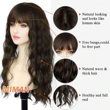 D22 Inch Long Brown Curly Wavy Wigs With Bangs For Women Natural Looking Synthetic Heat Resistant Fiber Hair Wig For Daily Party Cosplay Halloween Costumes Dark Brown Wig - 深棕色捲髮 - 查看 3