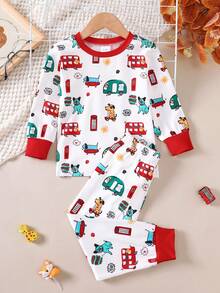 BrownBark 2pcs Young Boys Spring Casual Car & Animal Graphic Round Neck Top + Pants Set, Soft & Comfortable Everyday Outfit, Suitable As Daily Gift - Multicolor - View 2