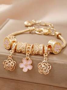 1PC Fashion DIY Bracelet With Four Leaf Clover Drip Oil Bead Charm Handpiece Pink Flower Large Hole Bead Lobster Buckle Bracelet - Gold - View 1