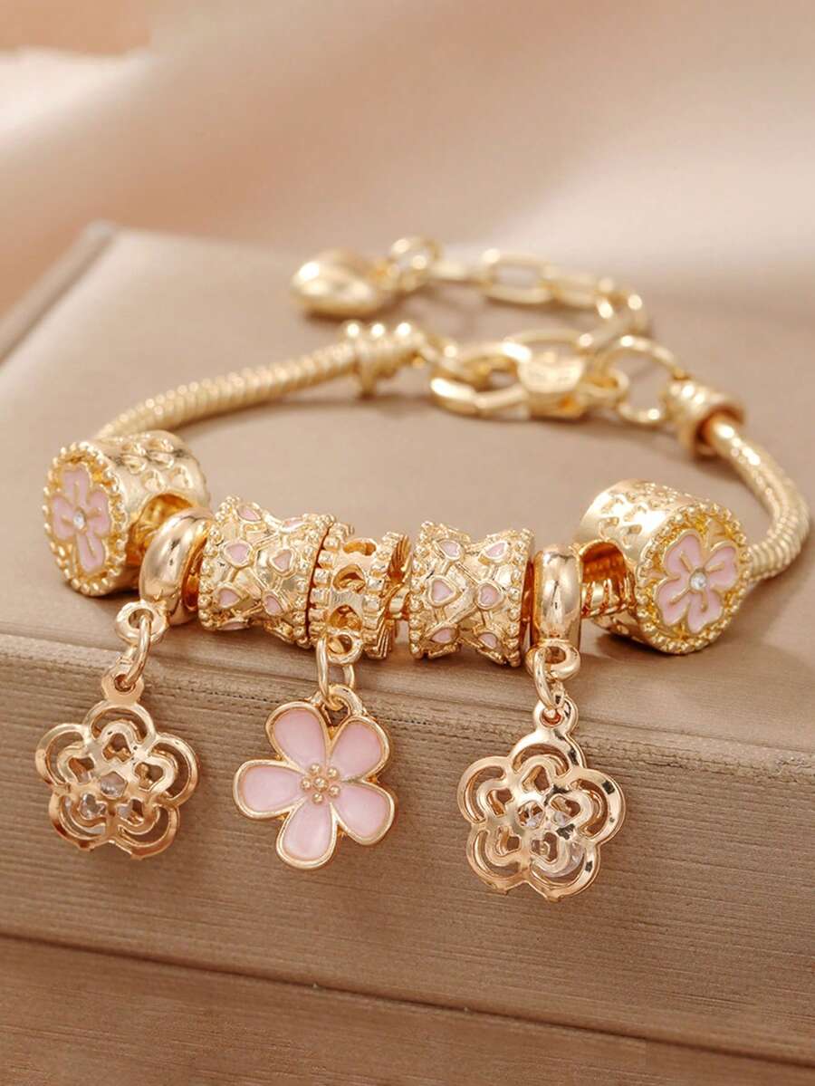 1PC Fashion DIY Bracelet With Four Leaf Clover Drip Oil Bead Charm Handpiece Pink Flower Large Hole Bead Lobster Buckle Bracelet - Gold - View 1