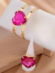 一套/2件时尚夸张金属心形水钻镶嵌可调节几何手链+1枚优雅心形戒指首饰套装，适合女士晚宴、生日、日常佩戴、情人节礼物