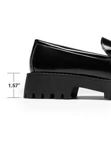 Women Platform Black Patent Loafers 1.57-Inch Chunky Mid-Heel Flatform Loafer Round Toe Versatile Classic Casual Slip On Shoes, 2026 New Spring Summer Shoes - ĐEN-PAT - Xem 7