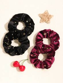 4个/套 丝绒金色星星发圈 发饰，发绳，发圈 - 2黑色+2酒紅 - 查看 3