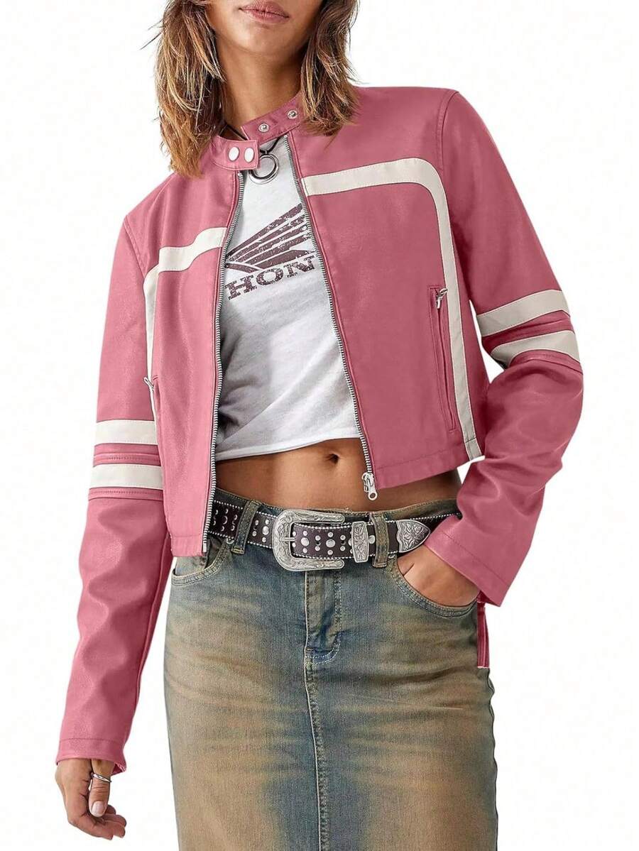 Jackets For Women,Fashionable Leather Jacket With Color Blocking, PU Leather, Cropped Style, Women's Leather Jacket. - 粉色 - 查看 1