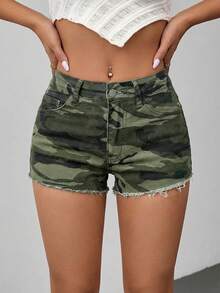 Low-Waist Camouflage Straight Mini Denim Shorts - Army Green - View 4
