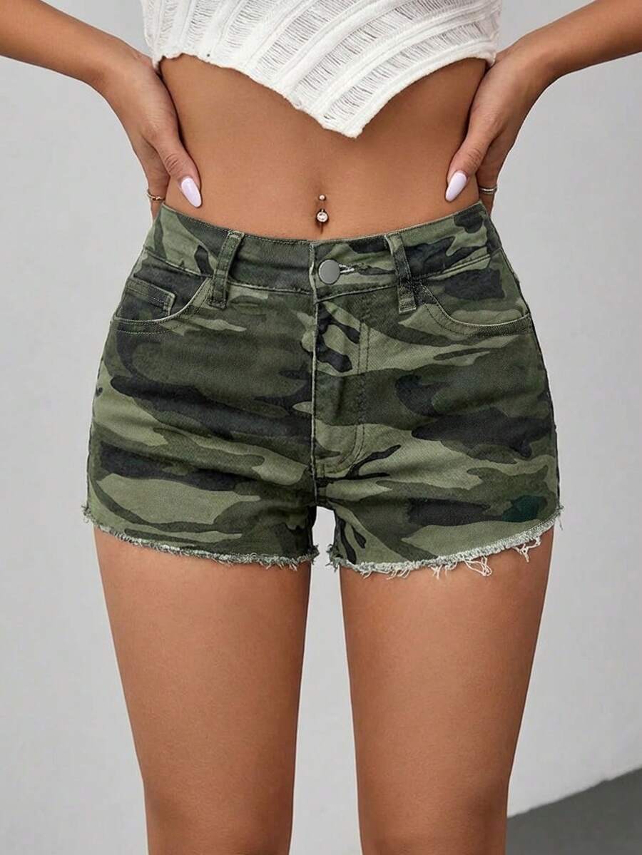 低腰迷彩直筒迷你牛仔短裤 - 軍綠色 - 查看 1