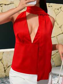 Women's Halter Neck Vest Summer Sleeveless Open Back Solid Color Satin Tank Tops - 紅色 - 查看 8