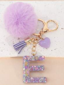 Móc khóa chữ cái A-Z bằng nhựa đính kim sa hình quả cầu len dễ thương, phụ kiện ví & túi xách, đồ trang trí treo balo, mặt dây chuyền xe hơi, quà tặng cho bé gái. - Màu tím hoa cà - Xem 34