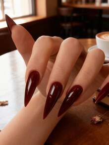 24PCs Cherry Red Press On Nails Long Stiletto Shape American Style False Nails Glossy Solid Color Detachable Nail Tips Hypoallergenic Nail Art Set For Women Girls Party Wedding Festival Vacation Gift Nail Accessories - Đỏ - Xem 5