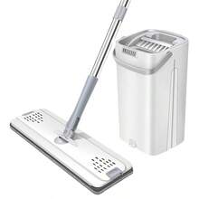 Hands-Free Flat Mop And Bucket Set With Long Handle, Wringer, 6 Reusable Microfiber Pads, 360° Flexible Swivel For Floor Cleaning And Wall Cleaning, Mop And Bucket Cleaning Set - 白色 - 查看 6