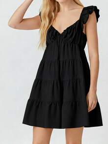 Women Tiered Mini Dress Solid V Neck Flutter Sleeve Backless A-Line Short Dress For Daily Party Club - Black - View 3