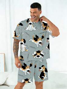 加大码男士睡衣套装 | 圆领短袖上衣搭配松紧腰休闲短裤两件套 | 涤纶针织面料，柔软透气，宽松版型 | 可爱小狗印花休闲设计 - 彩色 - 查看 4
