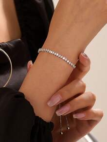 1条时尚简约嘻哈闪亮锆石手链，适合日常佩戴和派对场合 - 銀色 - 查看 7