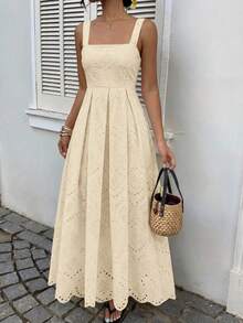 Womens Sleeveless Maxi Summer Dresses 2026 Hollow Out Eyelet Square Neck Ruffle Flowy Beach Vacation Sundress - 米色 - 查看 1