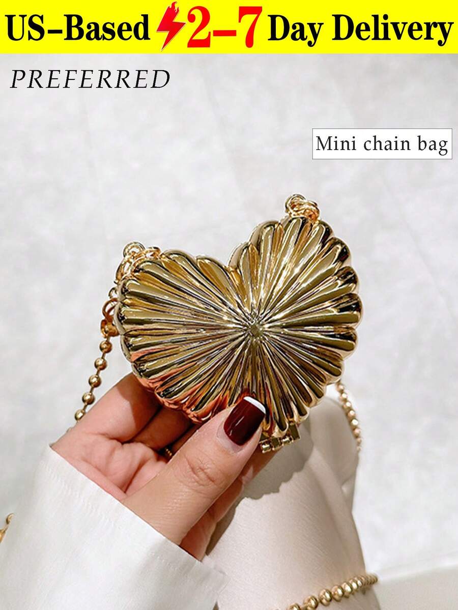 [⚡US Local Warehouse]Metal Zinc Alloy Heart-Shaped Mini Evening Bag, Women's Personalized Fashion Chain Lipstick Bag, Suitable For Valentine's Day, Party, Date Use As Shoulder Crossbody Bag, Coin Purse ,Wedding - 金色 - 查看 1