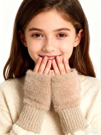 1 Pair Girls Fluffy Fingerless Gloves, Suitable For 5-10 Years Old Children, Cute Warm Knitted Mittens For Winter School Outdoor Activities