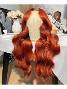 10-36英寸水波纹蕾丝前假发，真人混纺发丝，13x4高清透明蕾丝前假发，真人混纺发丝，女士款，巴西原生发，180密度，无胶假发，真人混纺发丝，预先拔毛，带婴儿绒毛，姜橙色，350 - S350 - 查看 2
