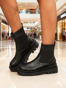 女士踝靴和短靴，松紧带厚底靴，黑色、米色、卡其色、棕色，时尚秋冬季一脚蹬靴 - 黑色 - 查看 6